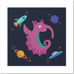 Flying Pink Seahorse Elephant Space Creature Posters and Art